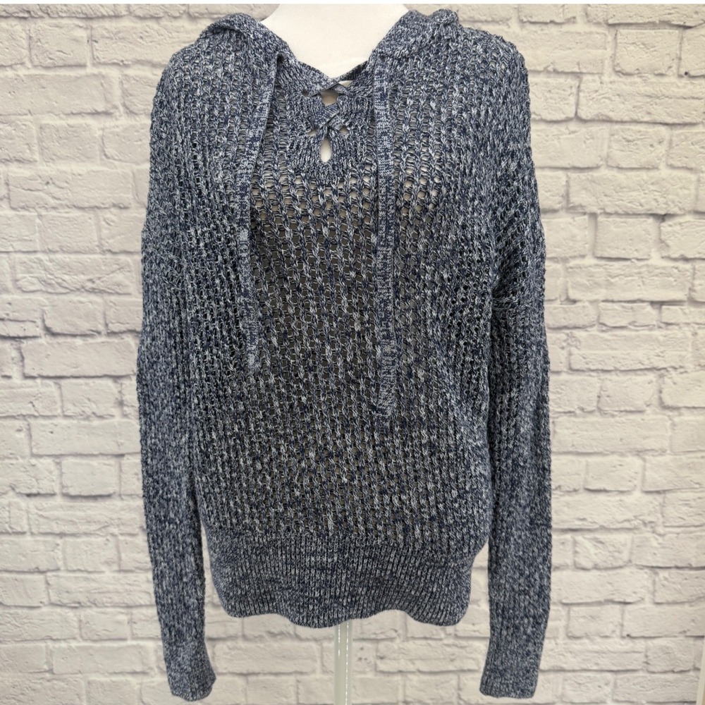 GAP Hooded Pullover Sweater Women's M‎ Blue White Marled Knit Medium Weight